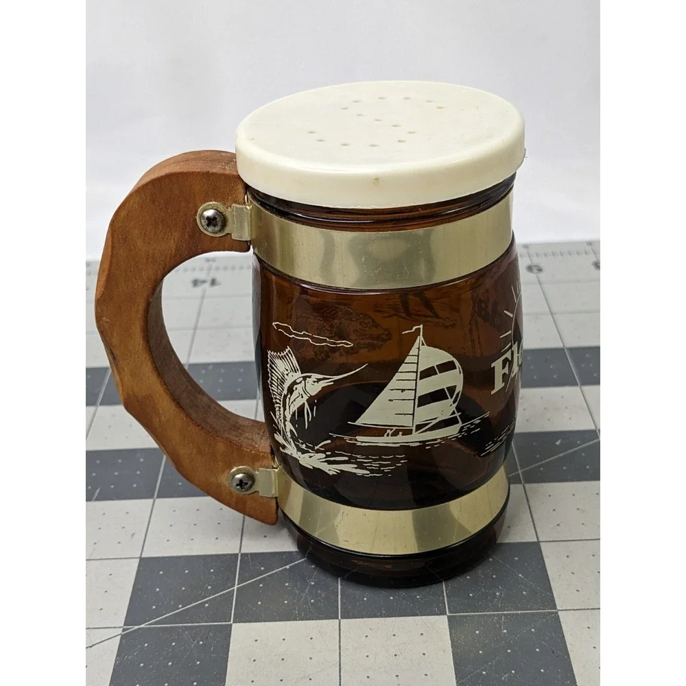 Florida Souvenir Salt Pepper Shaker Glass Mug Stein‎ Wood Handle 4.25 Inch Tall